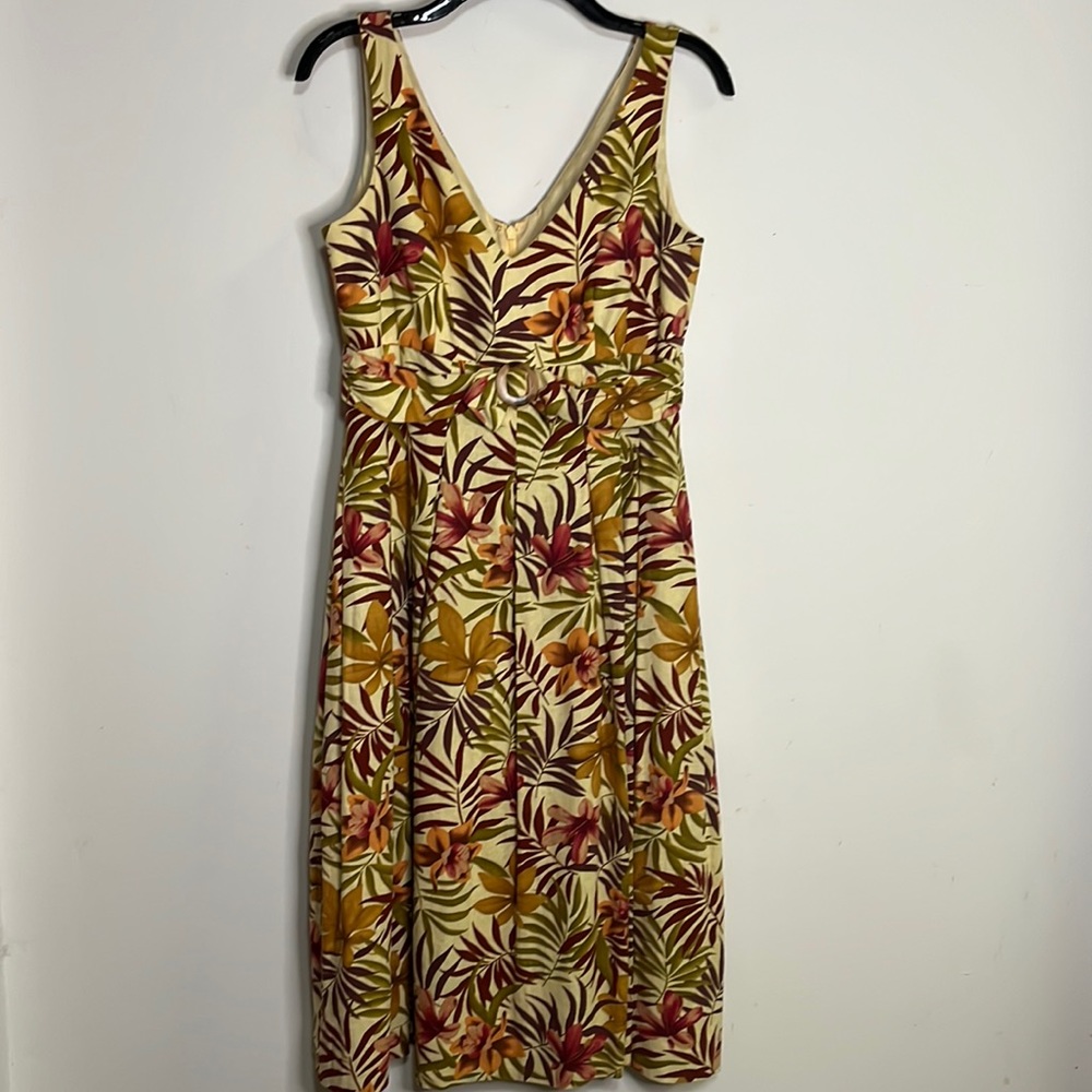 Liz Claiborne Vintage Tropical Floral Linen-Blend V-Neck Midi Dress Summer Vaca